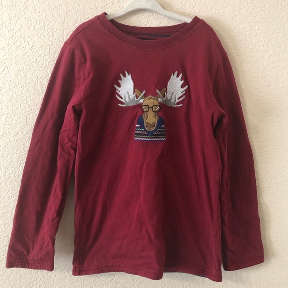 Janie and Jack Boys Maroon Reversible Moose Longsleeve Striped Shirt - Size 7 - Picture 1 of 6